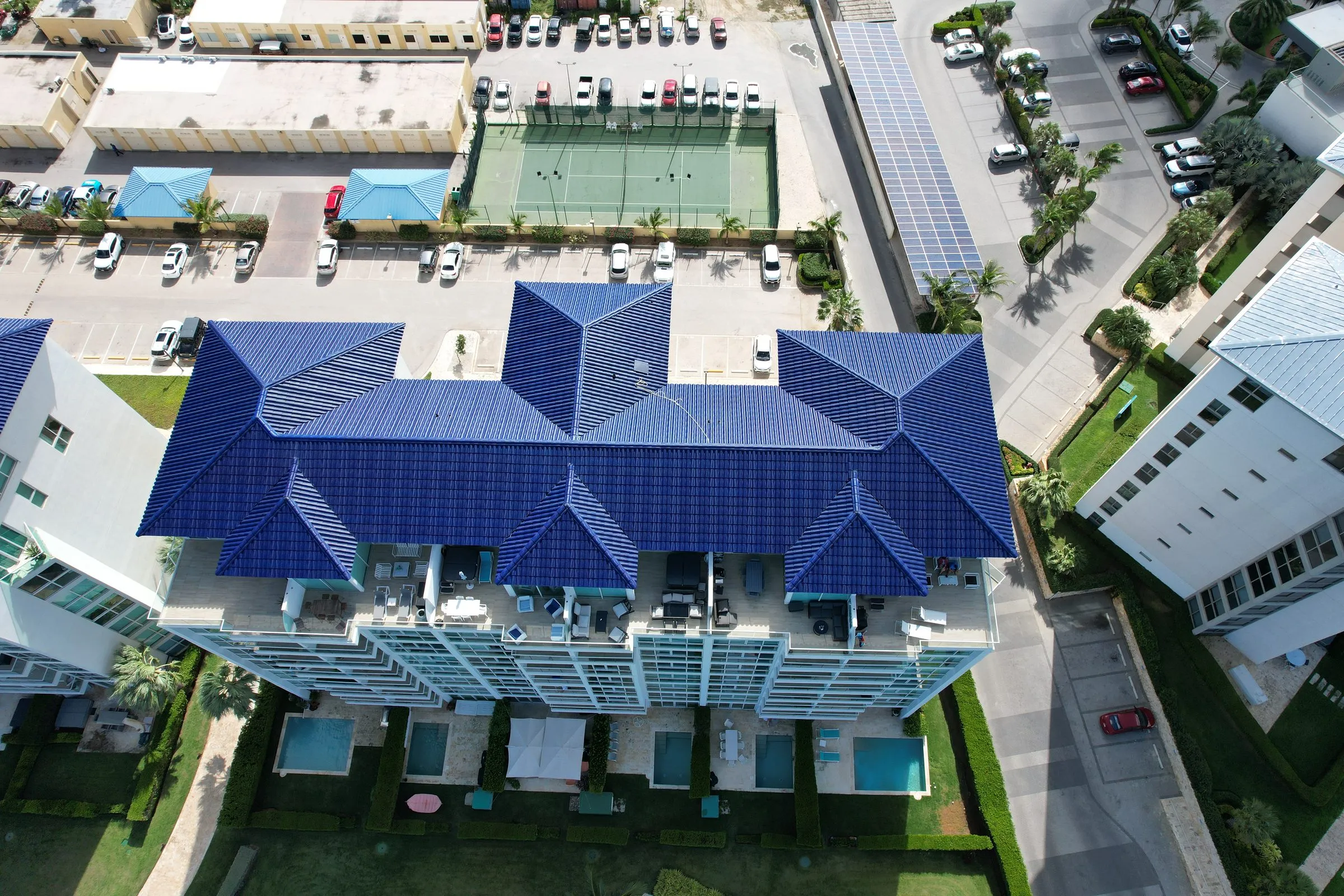 Building with a blue roof seen from above