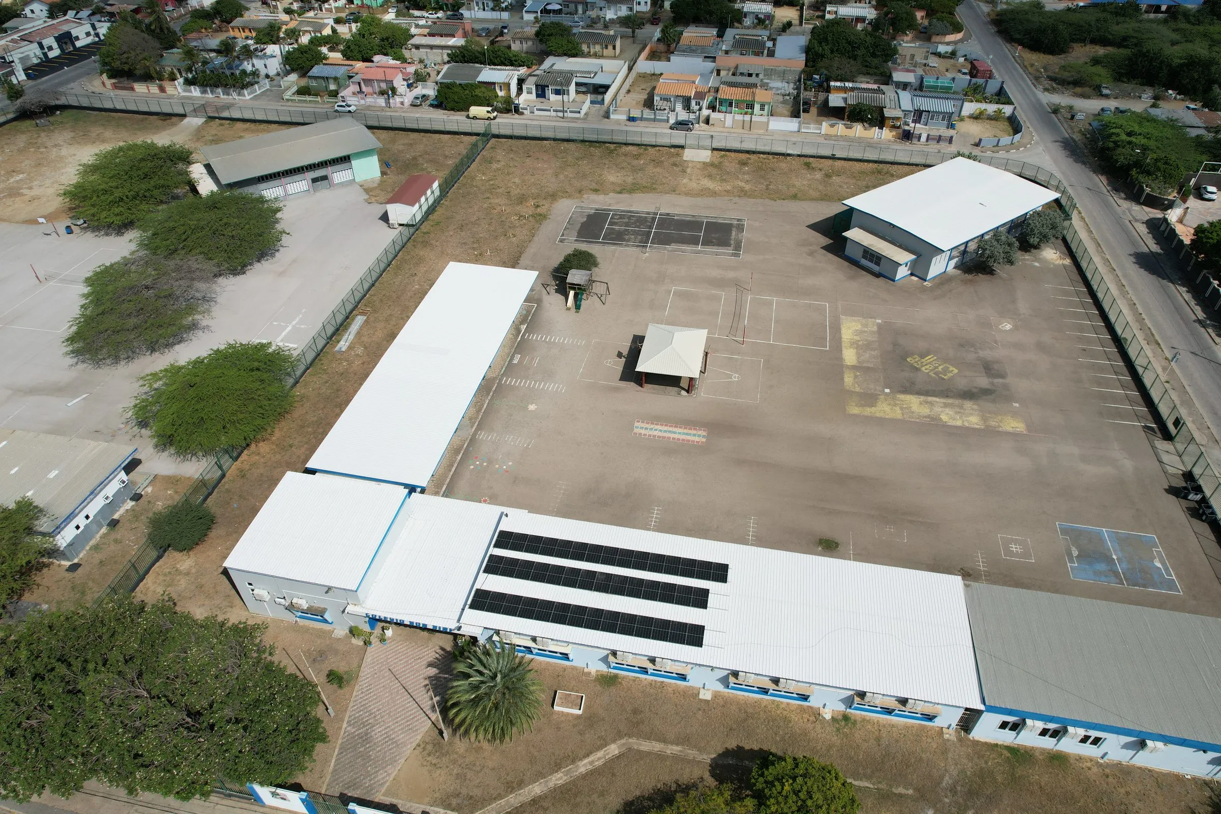 Commercial flat roof with solar panels